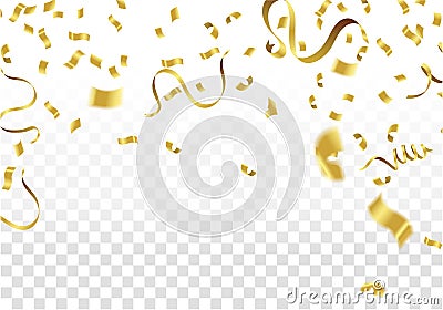 Golden Party Flags With Confetti And Ribbon Falling On White Background. Celebration Event & Birthday. Vector Vector Illustration