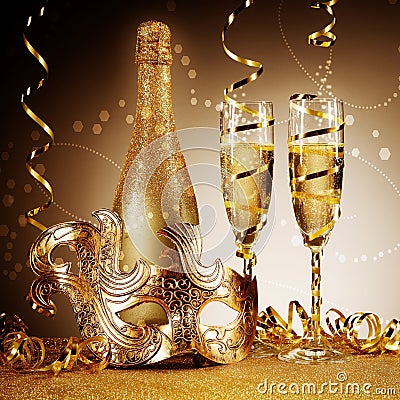 Golden Party Wine And Mask With Streamers Stock Photo - Image: 49189281