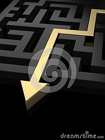 Golden path and arrow showing the way out of the maze Cartoon Illustration