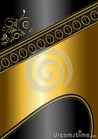 Golden pattern and border with crosses on black glossy background Stock Photo