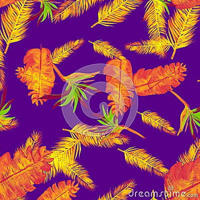 Golden Pattern Textile. Violet Tropical Leaf. Navy Floral Textile. Cobalt Flora Painting. Indigo Decoration Background. Stock Photo