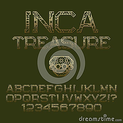 Golden patterned angular letters and numbers. Decorative elegant font. Isolated english alphabet with text Inca Treasure Vector Illustration