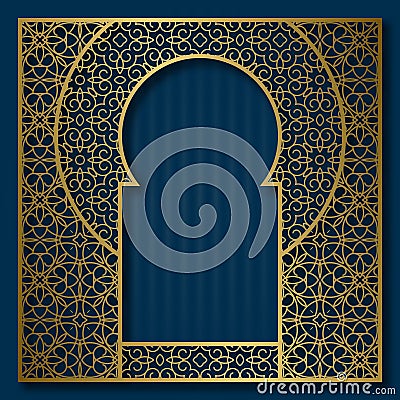 Golden patterned frame in oriental arched window form. Vintage greeting card background or packaging design frame Vector Illustration