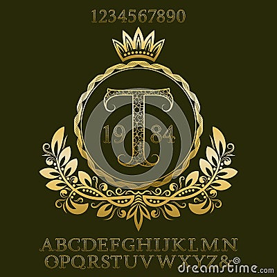 Golden patterned letters and numbers with initial monogram in coat of arms form. Elegant font and elements kit for logo Vector Illustration