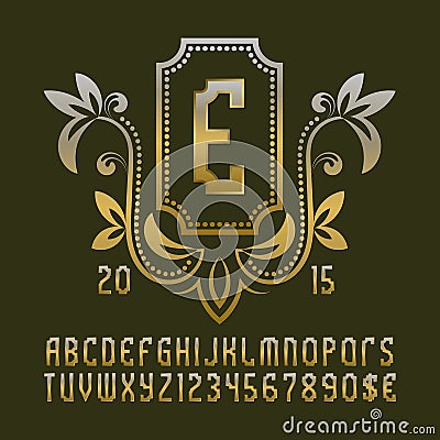 Golden patterned monogram template in beautiful wreath frame with vintage alphabet with numbers Vector Illustration