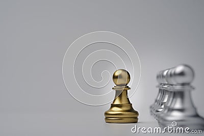 Golden pawn chess move out from line for different thinking and leading change , Disruption and unique concept Stock Photo