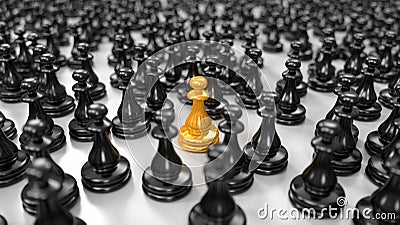 Golden pawn stands among a huge crowd of black pawns Cartoon Illustration