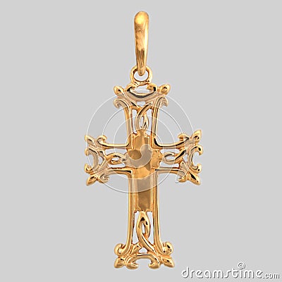 Golden pendant cross with red light stone panorama Stock Photo