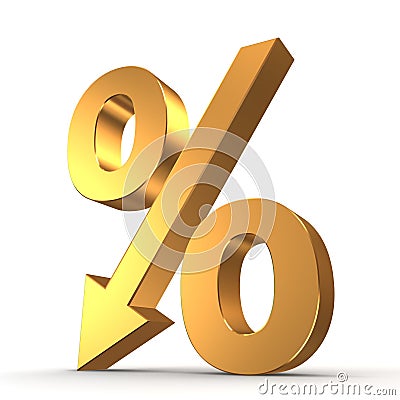 Golden percentage symbol with an arrow down Cartoon Illustration