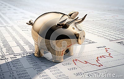 Golden piggy bank with stock market paper Cartoon Illustration