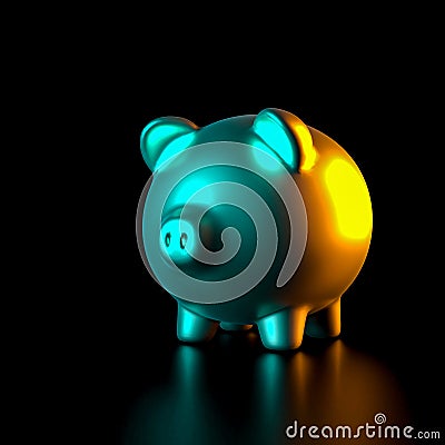 Golden piggybank on black and colored side lights Stock Photo