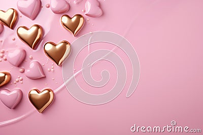 Golden and pink hearts on pink backdrop, embodying warmth and elegance for romantic occasions or sophisticated Stock Photo