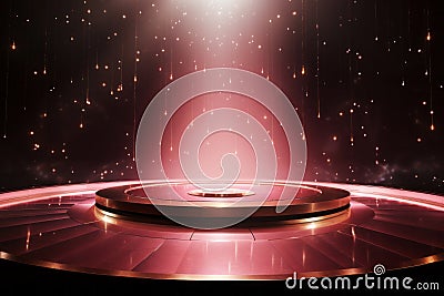 Golden pink rose stage base with bright spotlight rays in night concert hall on shimmering background Stock Photo