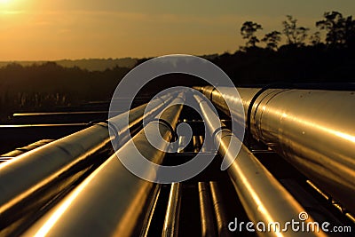 Golden pipeline connection from crude oil field Stock Photo