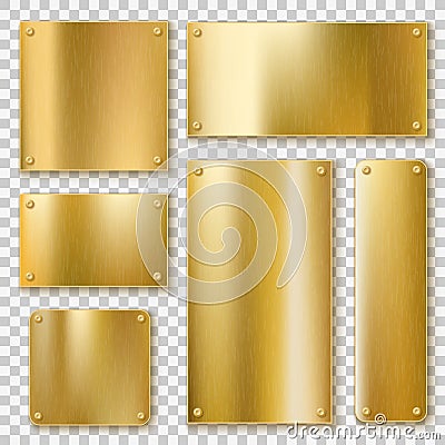 Golden plates. Gold metallic yellow plate, shiny bronze banner. Polished textured blank label with screws realistic Vector Illustration