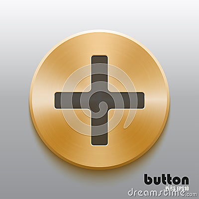 Golden plus button with black symbol Vector Illustration