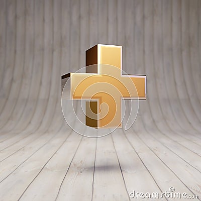 Golden plus symbol on wooden floor Stock Photo