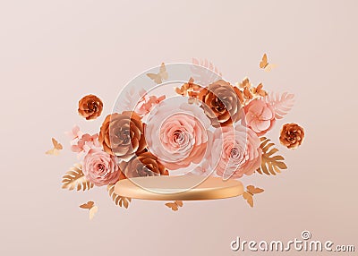 Golden podium with flowers, flying in the air. Womens Day, Mothers Day, Wedding, Anniversary. Podium for product Stock Photo