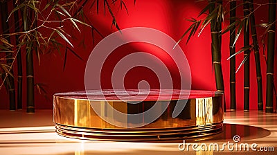 Golden podium on red background. Luxury pedestal for product presentation. Stock Photo