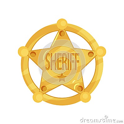 Brass five-pointed sheriff star badge in flat design isolated on white background. Golden policeman jetton. Vector Illustration