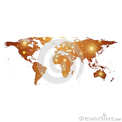 Golden Political World Map with global technology networking concept. Digital data visualization. Scientific cybernetic Vector Illustration