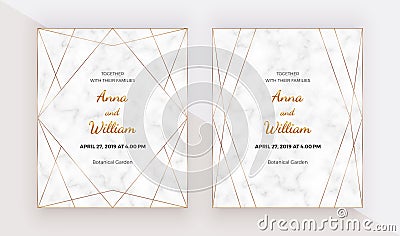 Golden polygonal lines frames on the marble texture. Geometric wedding invitation. Trendy templates for banner, flyer, poster, gre Vector Illustration