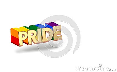 Golden PRIDE word with rainbow outline. LGBTQ pride month symbol concept. Isolated on white background with copy space. 3D Stock Photo