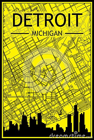Hand-drawn panoramic city skyline poster with downtown streets network of DETROIT, MICHIGAN Vector Illustration