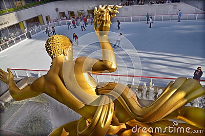 The golden Prometheus statue at the Rockefeller center Editorial Stock Photo