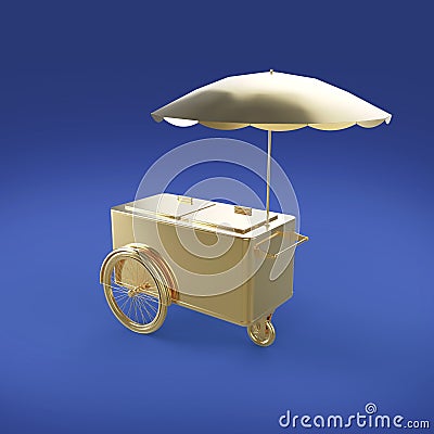 Golden promotion counter on wheels with umbrella, food, ice cream, hot dog push cart Retail Trade Stand Isolated render Stock Photo