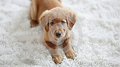 Golden puppy lying on a fluffy white carpet. Adorable young dog with soulful eyes. Concept of pet innocence, young Stock Photo