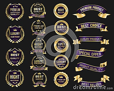 Golden purple luxury premium quality label badges on grey background vector Vector Illustration