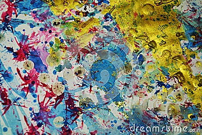 Gold blue red pink splashes, contrasts, paint watercolor creative background Stock Photo