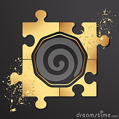 Golden puzzles on a black background, scattering of golden sand. Vector Illustration
