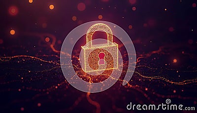 Golden Quantum Lock Formed From Binary Code Patterns Flowing Against Dark Violet Background For Security Stock Photo