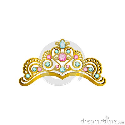 Golden queen crown with precious pink and blue stones. Vector icon of shiny princess tiara in realistic style. Expensive Vector Illustration