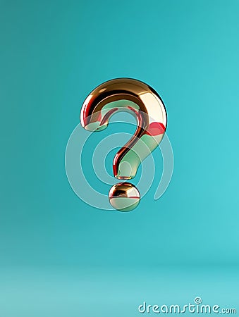 Golden Question Mark Enigma Inquiry uncertainty query puzzle solution A metallic question mark floats against a teal Stock Photo