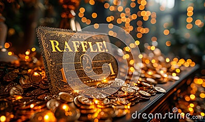 Golden raffle ticket with RAFFLE! text, symbolizing chance, competition, and luck in a prize draw or lottery event with a Stock Photo