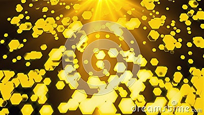 Golden rain of round particles with rays of light, 3D rendering. Computer generated beautiful background Stock Photo