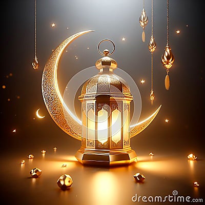 Golden ramadan lantern with moon in black background Stock Photo