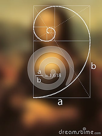 Golden Ratio in dotted line in Renaissance painting. Fibonacci Sequence geometric spiral made from quarter circles vector isolated Vector Illustration