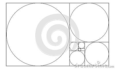 Golden ratio template. Circles in squares in rectangle frame. Fibonacci Sequence. Ideal symmetry proportions grid Vector Illustration