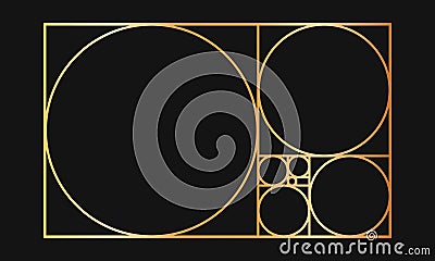 Golden ratio template. Gold-colored rectangle frame divided into squares and circles. Fibonacci sequence grid. Ideal Vector Illustration