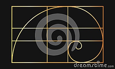 Golden ratio template. Gold logarithmic spiral in rectangle frame divided on lines. Fibonacci sequence grid. Perfect Vector Illustration