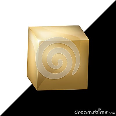 Golden Realistic Cube. Vector metallic 3D isometric yellow metal box with reflections on black and white background Cartoon Illustration