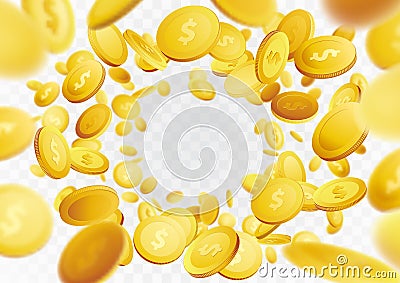 Golden realistic fortune coin falling frame background. Cash win Vector Illustration