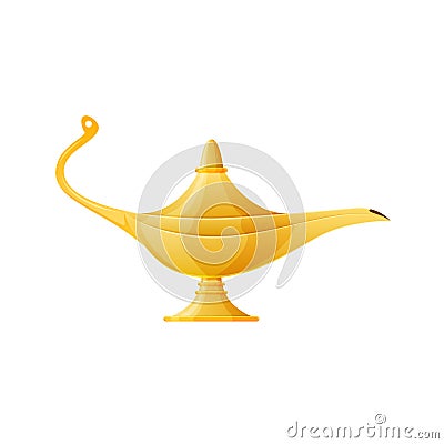 Golden realistic magic lamp, magical oriental Arabic lamp with gin. Vector Illustration