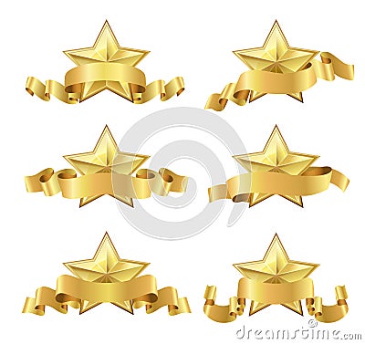 Golden realistic stars with ribbons Vector Illustration