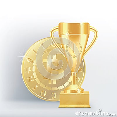 Golden realistic Trophy cup or goblet on textured gilded stand and money coin bitcoin on white background. Vector illustration Cartoon Illustration