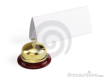 Golden reception bell and blank sign isolated on white background Stock Photo